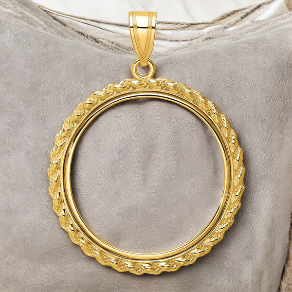 14K Yellow Gold Coin Bezel Mounting Pendant - 7 Different Sizes - Polished Casted Rope Prong Coin Bezel Pendant with Chain Options