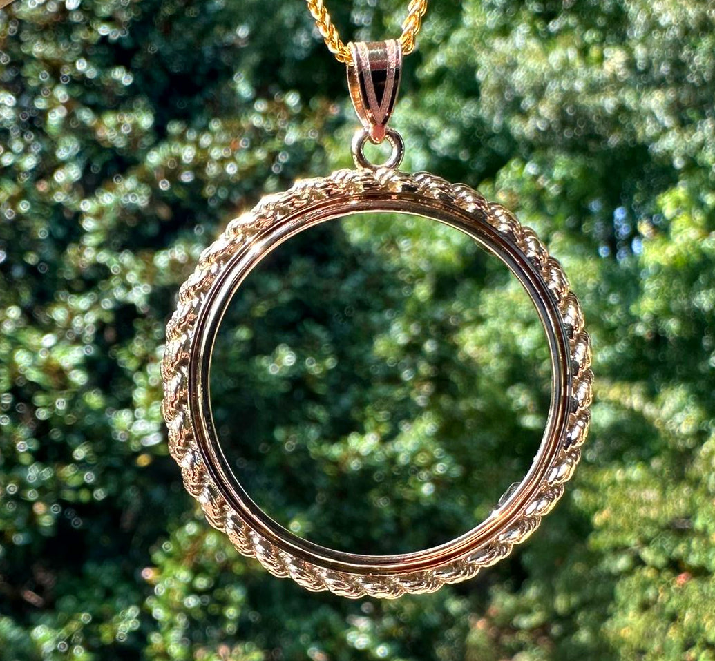 14K Yellow Gold Coin Bezel Mounting Pendant - 7 Different Sizes - Polished Casted Rope Prong Coin Bezel Pendant with Chain Options