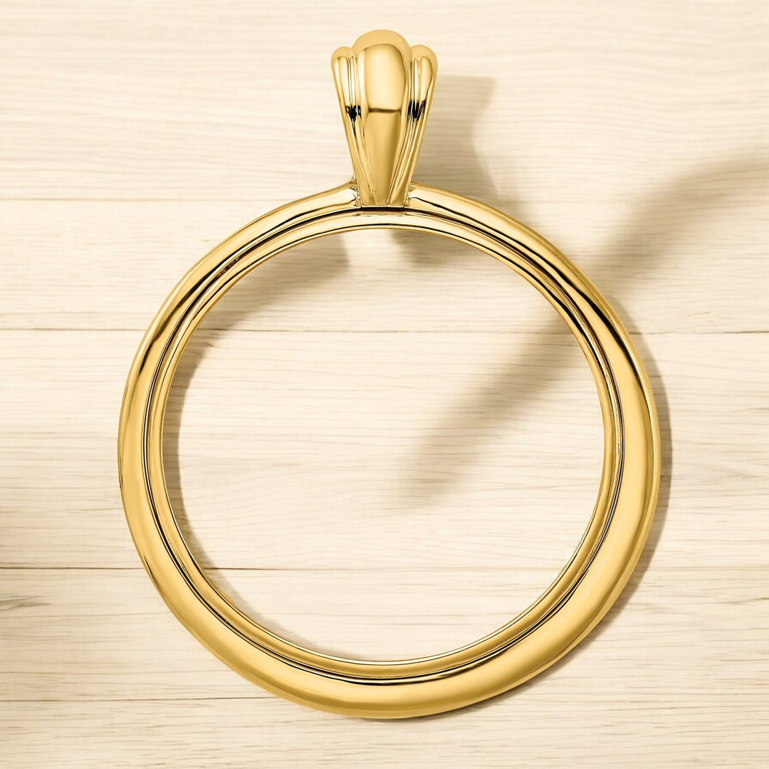 14K Yellow Gold Coin Bezel Mounting Pendant - 7 Different Sizes - Polished Concentric Circle Prong Coin Bezel Pendant - with Chain Options