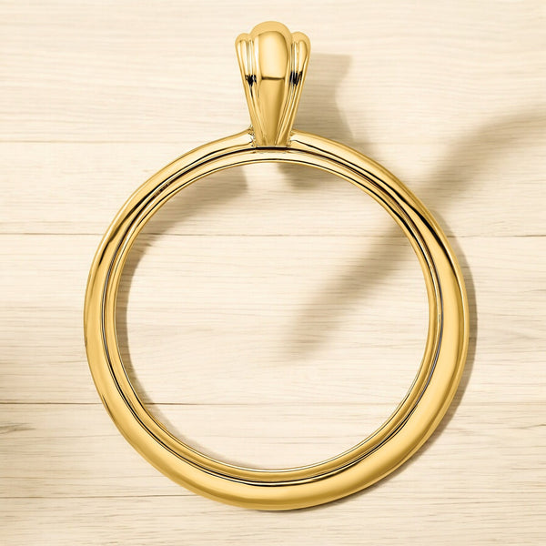 14K Yellow Gold Coin Bezel Mounting Pendant - 7 Different Sizes - Polished Concentric Circle Prong Coin Bezel Pendant - with Chain Options