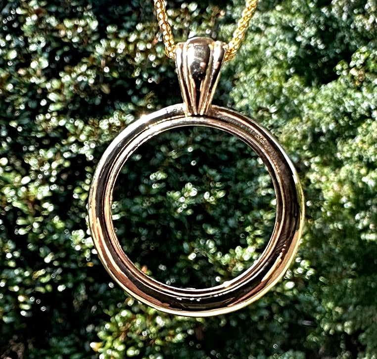 14K Yellow Gold Coin Bezel Mounting Pendant - 7 Different Sizes - Polished Concentric Circle Prong Coin Bezel Pendant - with Chain Options