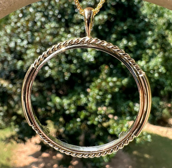 14K Yellow Gold Coin Bezel Mounting Pendant - 6 Sizes - Polished and Vertical Double Twisted Prong Coin Bezel Pendant - with Chain Options