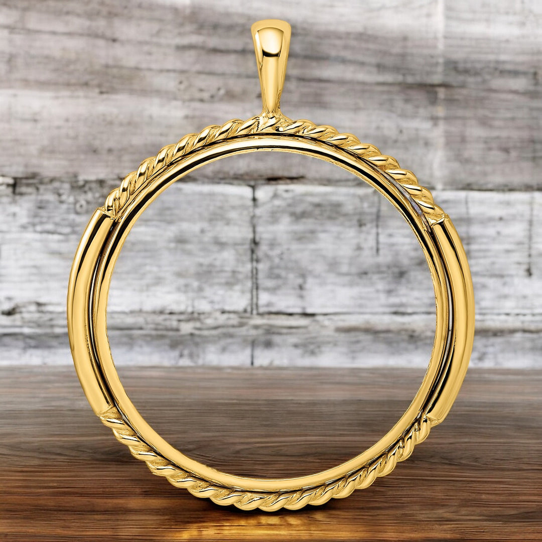 14K Yellow Gold Coin Bezel Mounting Pendant - 6 Sizes - Polished and Vertical Double Twisted Prong Coin Bezel Pendant - with Chain Options