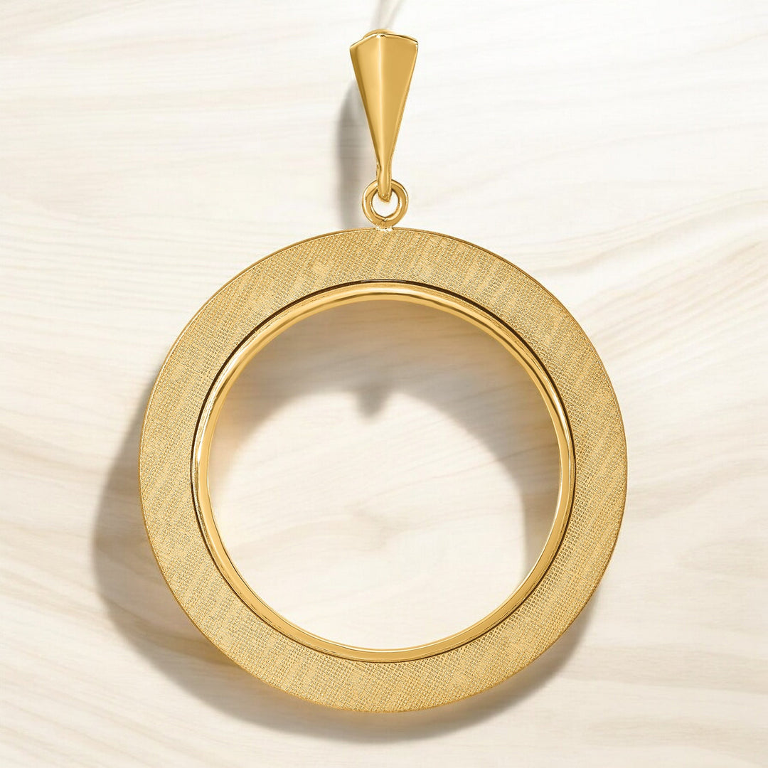 14K Yellow Gold Coin Bezel Mounting Pendant - 9 Different Sizes - Polished and Textured Prong Coin Bezel Pendant - with Chain Options