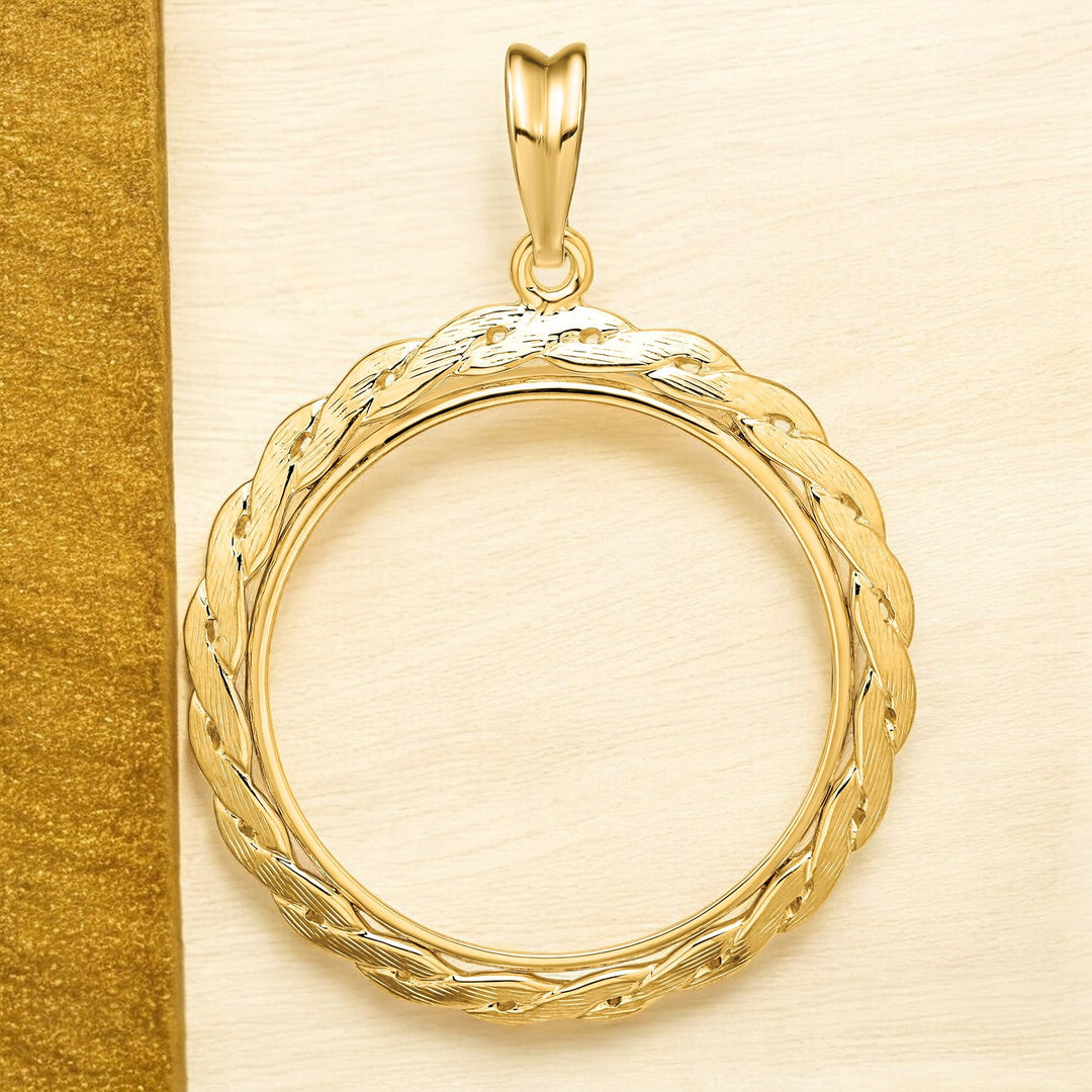 14K Yellow Gold Coin Bezel Mounting Pendant - 10 Sizes - Polished and Textured Braided Prong Coin Bezel Pendant - with Chain Options