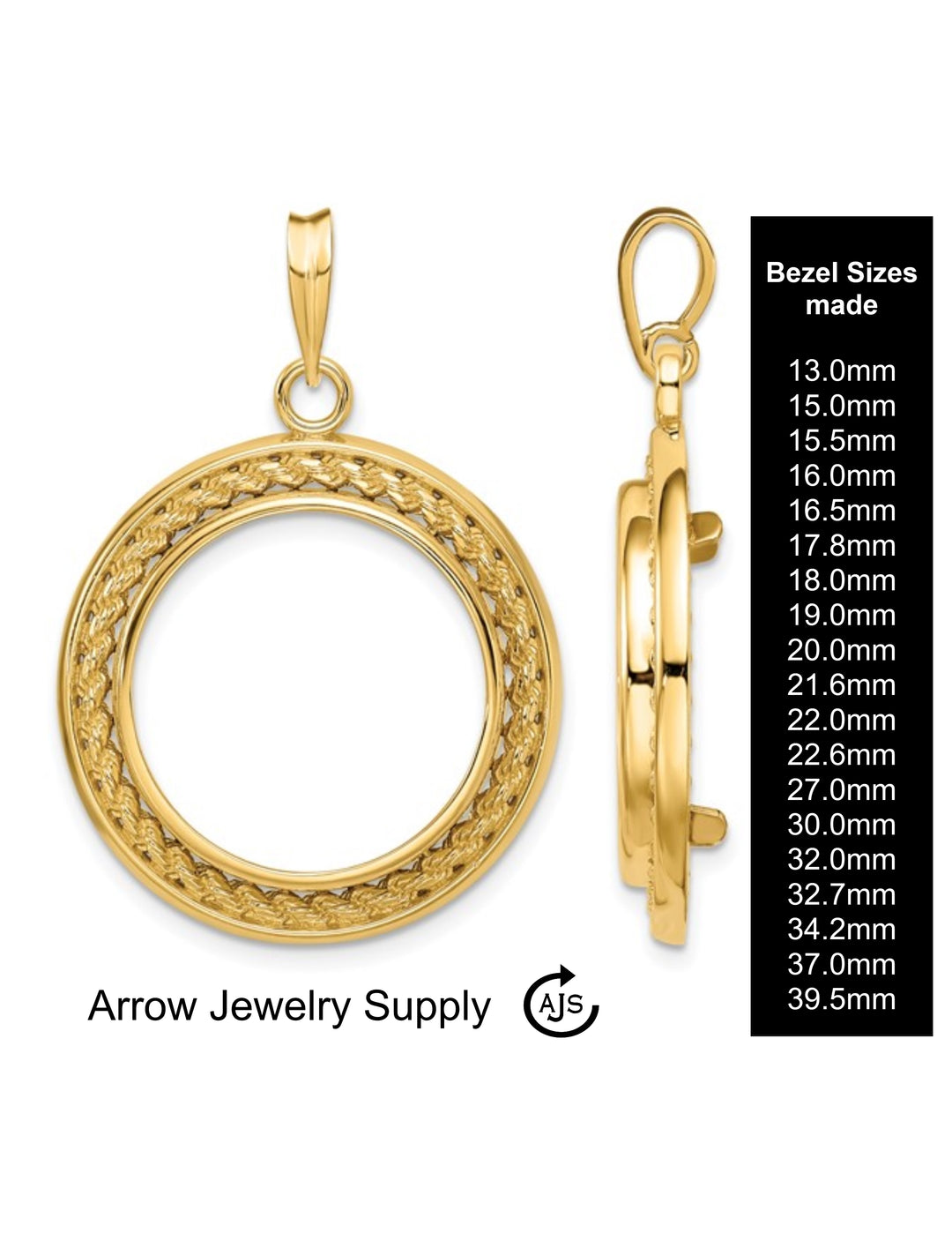 14K Gold Coin Bezel Mounting Pendant - 19 Sizes - Solid Gold - for Making Coin Jewelry - Rope in Channel Border - with Chain Options