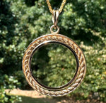 Load image into Gallery viewer, 14K Gold Coin Bezel Mounting Pendant - 19 Sizes - Solid Gold - for Making Coin Jewelry - Rope in Channel Border - with Chain Options

