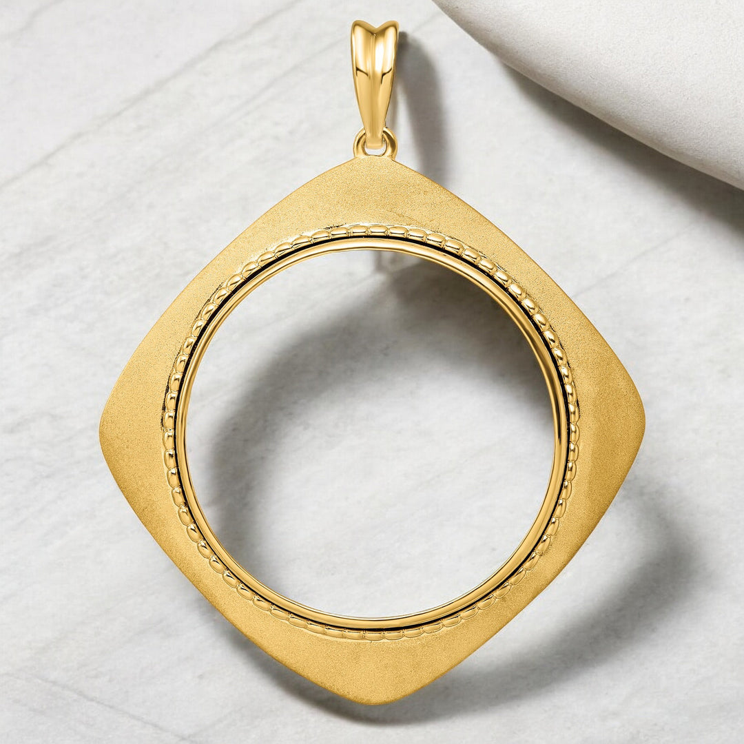 14K Yellow Gold Coin Bezel Mounting Pendant - 13 Different Sizes - Polished Textured and Beaded Diamond Shaped Prong - with Chain Options