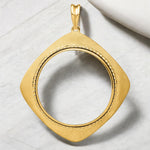 Load image into Gallery viewer, 14K Yellow Gold Coin Bezel Mounting Pendant - 13 Different Sizes - Polished Textured and Beaded Diamond Shaped Prong - with Chain Options
