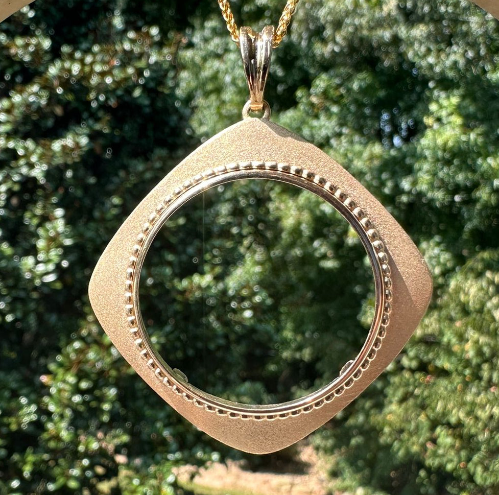 14K Yellow Gold Coin Bezel Mounting Pendant - 13 Different Sizes - Polished Textured and Beaded Diamond Shaped Prong - with Chain Options
