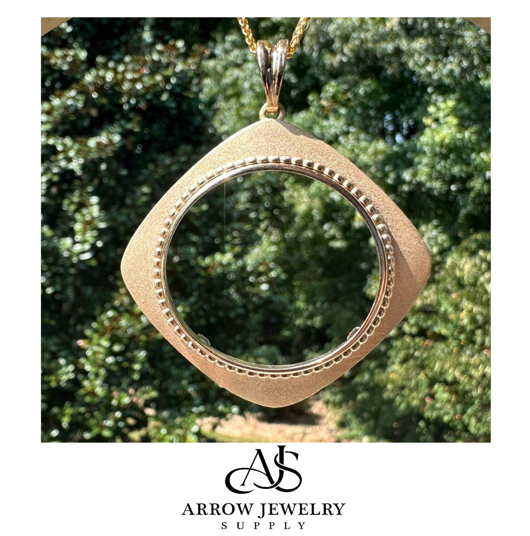 14K Yellow Gold Coin Bezel Mounting Pendant - 13 Different Sizes - Polished Textured and Beaded Diamond Shaped Prong - with Chain Options