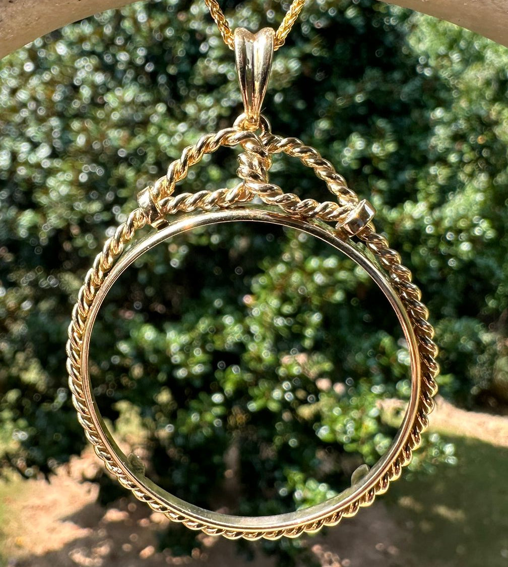 14K Yellow Gold Coin Bezel Mounting Pendant - 10 Different Sizes - Polished Western Rope Prong Coin Bezel Pendant - with Chain Options