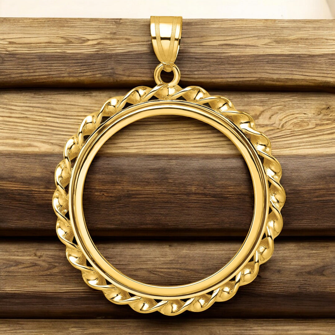 14K Yellow Gold Coin Bezel Mounting Pendant - 4 Different Sizes - Polished Wide Twisted Wire Prong Coin Bezel Pendant - with Chain Options
