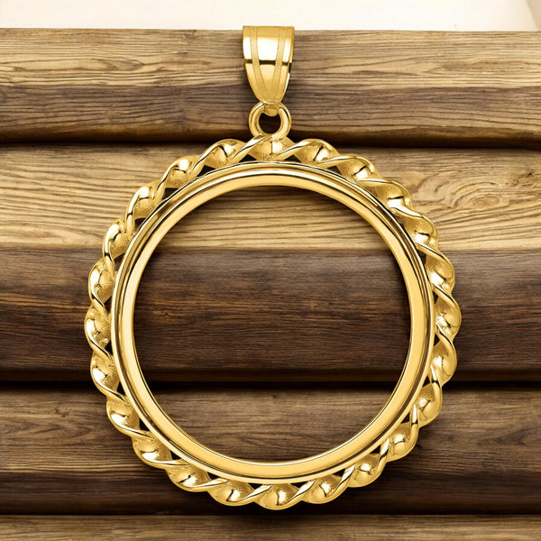 14K Yellow Gold Coin Bezel Mounting Pendant - 4 Different Sizes - Polished Wide Twisted Wire Prong Coin Bezel Pendant - with Chain Options