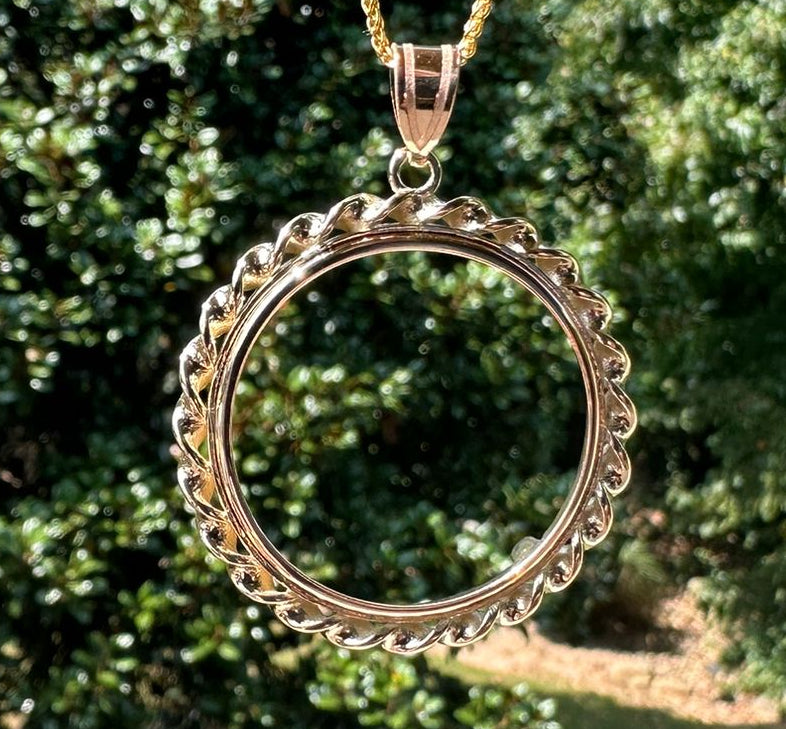 14K Yellow Gold Coin Bezel Mounting Pendant - 4 Different Sizes - Polished Wide Twisted Wire Prong Coin Bezel Pendant - with Chain Options