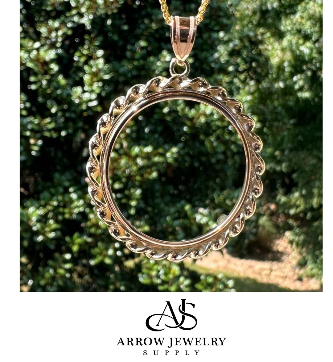 14K Yellow Gold Coin Bezel Mounting Pendant - 4 Different Sizes - Polished Wide Twisted Wire Prong Coin Bezel Pendant - with Chain Options