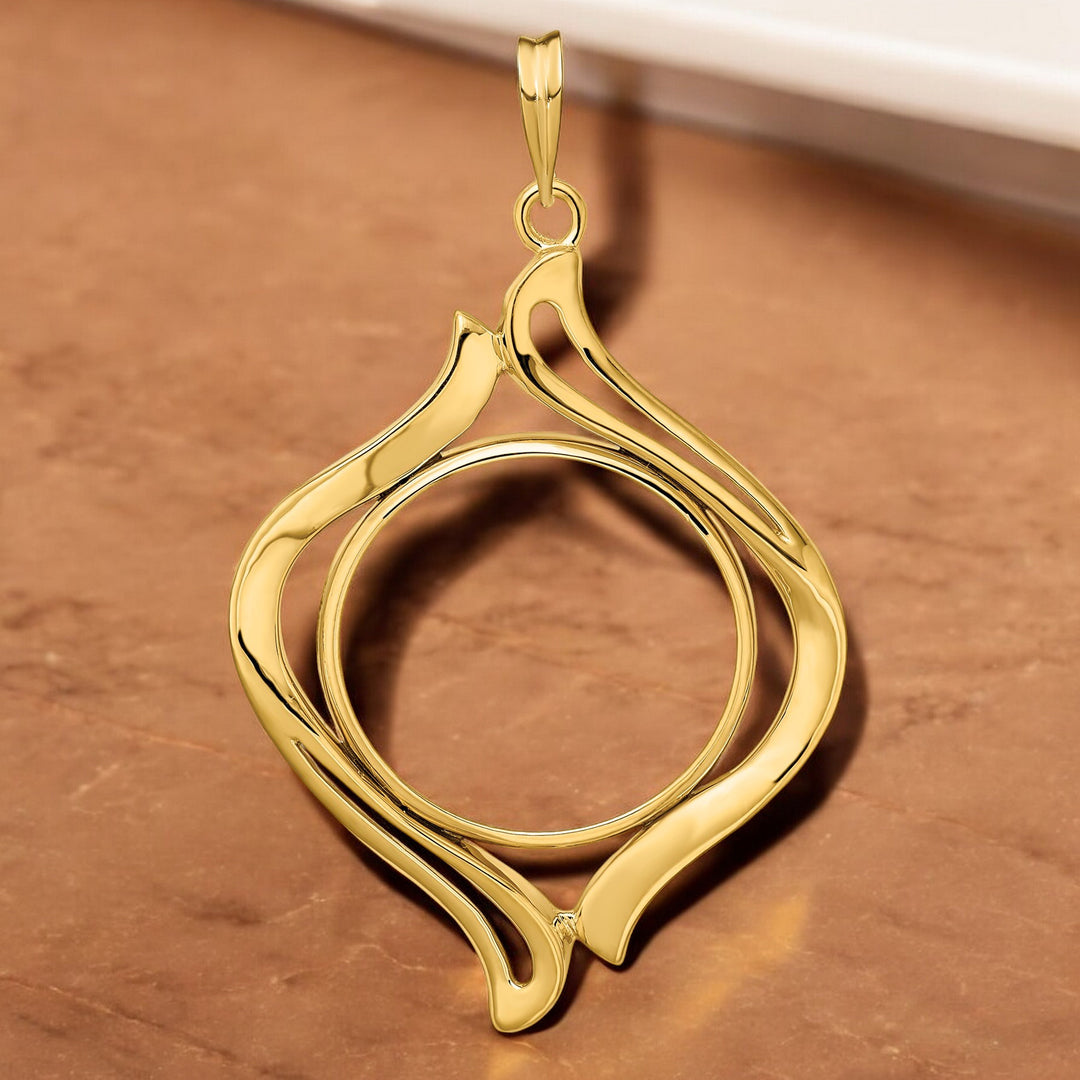 14K Yellow Gold Coin Bezel Mounting Pendant - 8 Different Sizes - Polished Fancy Wave Prong Coin Bezel Pendant - with Chain Options