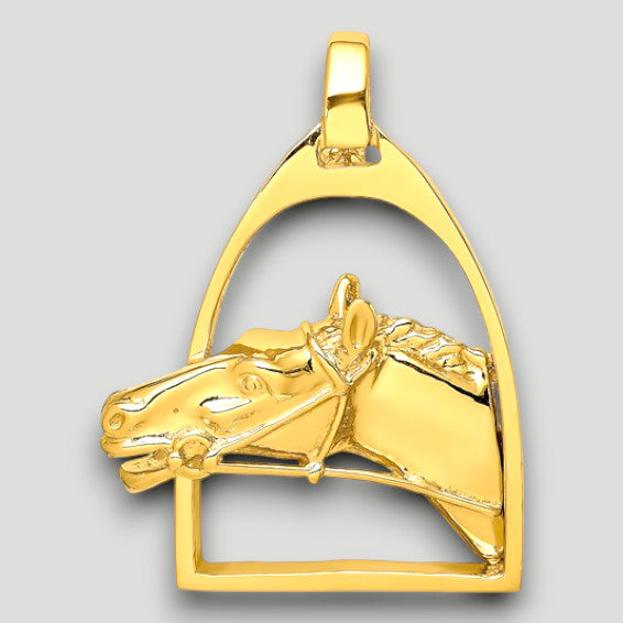 14K Yellow Gold Polished Horse Head in Stirrup Charm with Chain Necklace options