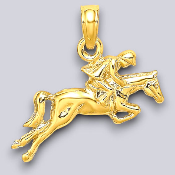 14K Yellow Gold Jockey on Jumping Horse Charm with Chain Necklace options
