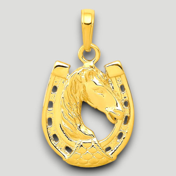 14K Yellow or White Gold Solid Polished Horse Head in Horseshoe Pendant with Chain Options