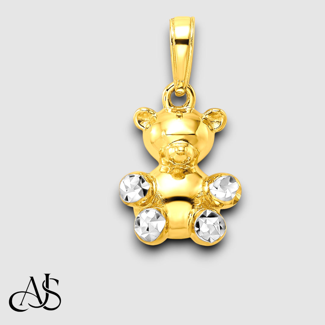 14K Yellow Gold w/ White Rhodium 3D Diamond-cut Teddy Bear Pendant with Chain Necklace options