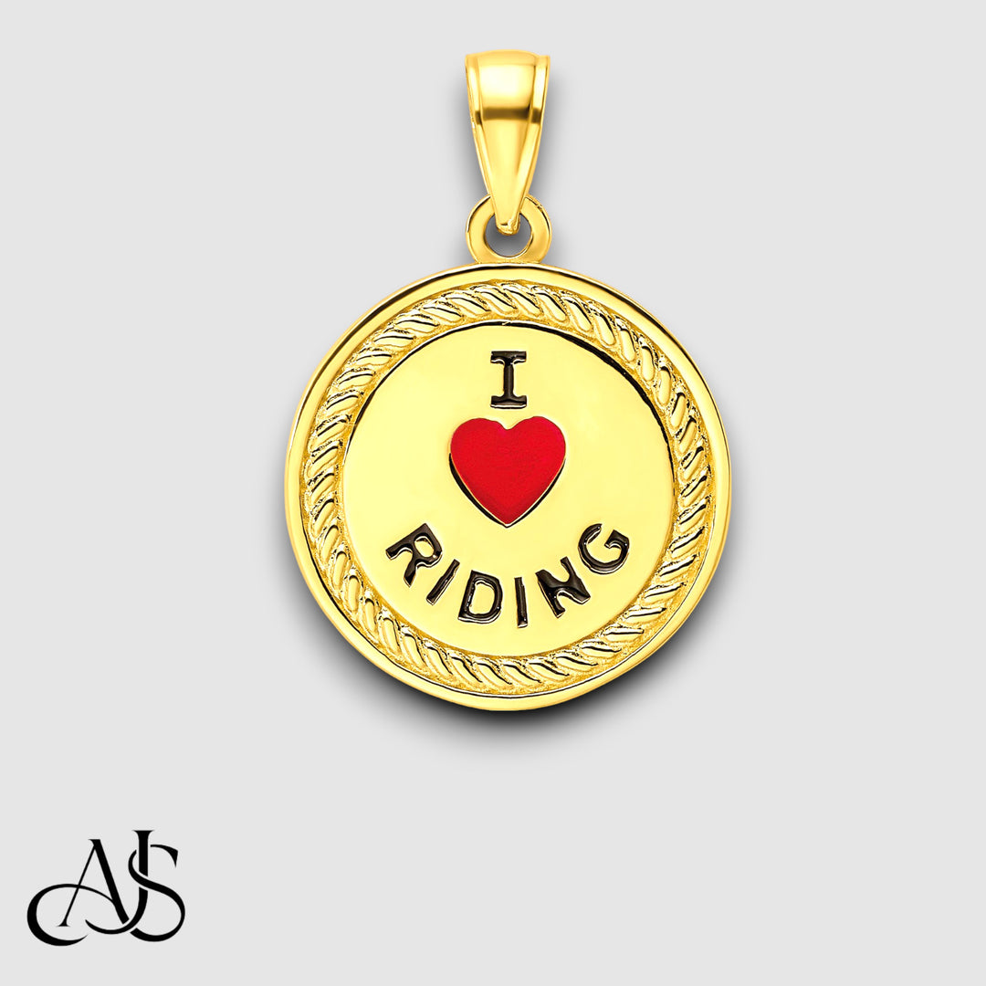 14K Yellow Gold I Heart Horses/I Heart Riding Enameled Reversible Pendant with Chain Necklace options