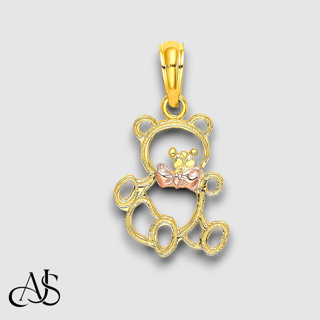 14K Two-Tone Cut-out Teddy Bear w/ Bow Tie Charm with Chain Necklace options