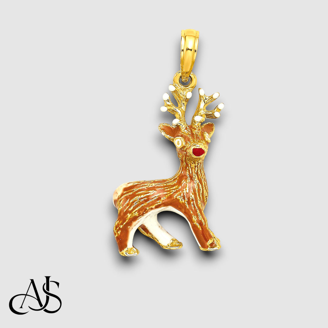 14K Yellow Gold 3-D Enamel Red Nosed Reindeer Charm with Necklace Chain Options