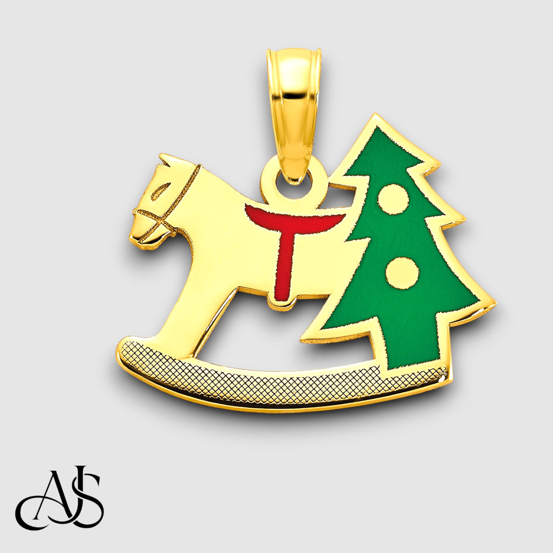 14K Yellow Gold Polished Epoxy Rocking Horse with Christmas Tree Pendant with Chain Necklace options