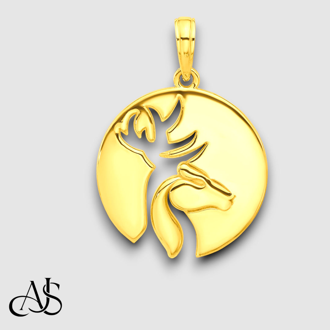 14K Yellow Gold Polished Cut-out Deer Head Circle Pendant with Chain Necklace options