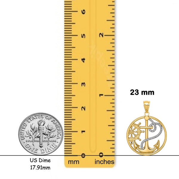 14K Yellow Gold W/ Rhodium Cross Anchor Captain Wheel Pendant with Chain Necklace options