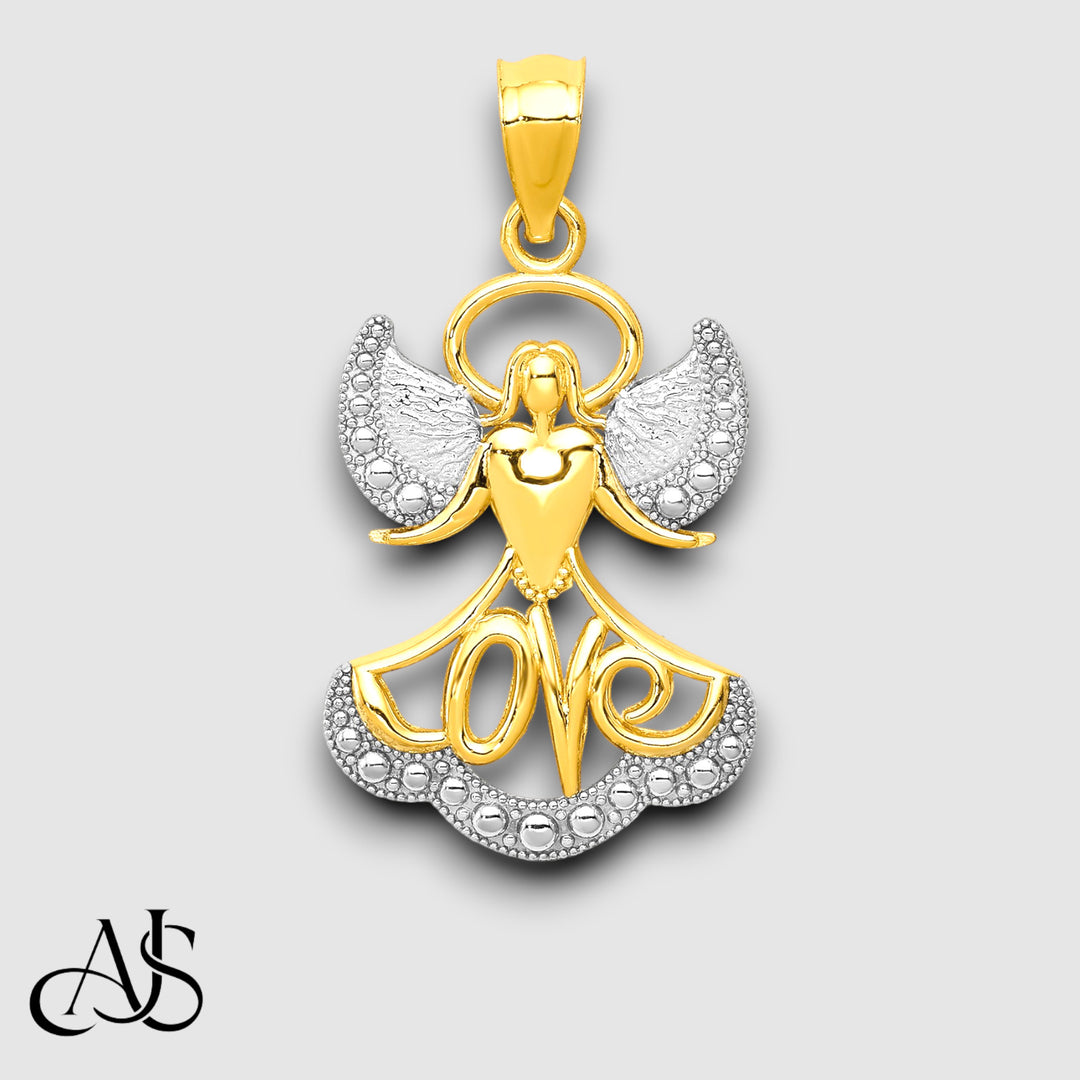 14K Yellow Gold w/Rhodium LOVE Angel Pendant with Chain Necklace options