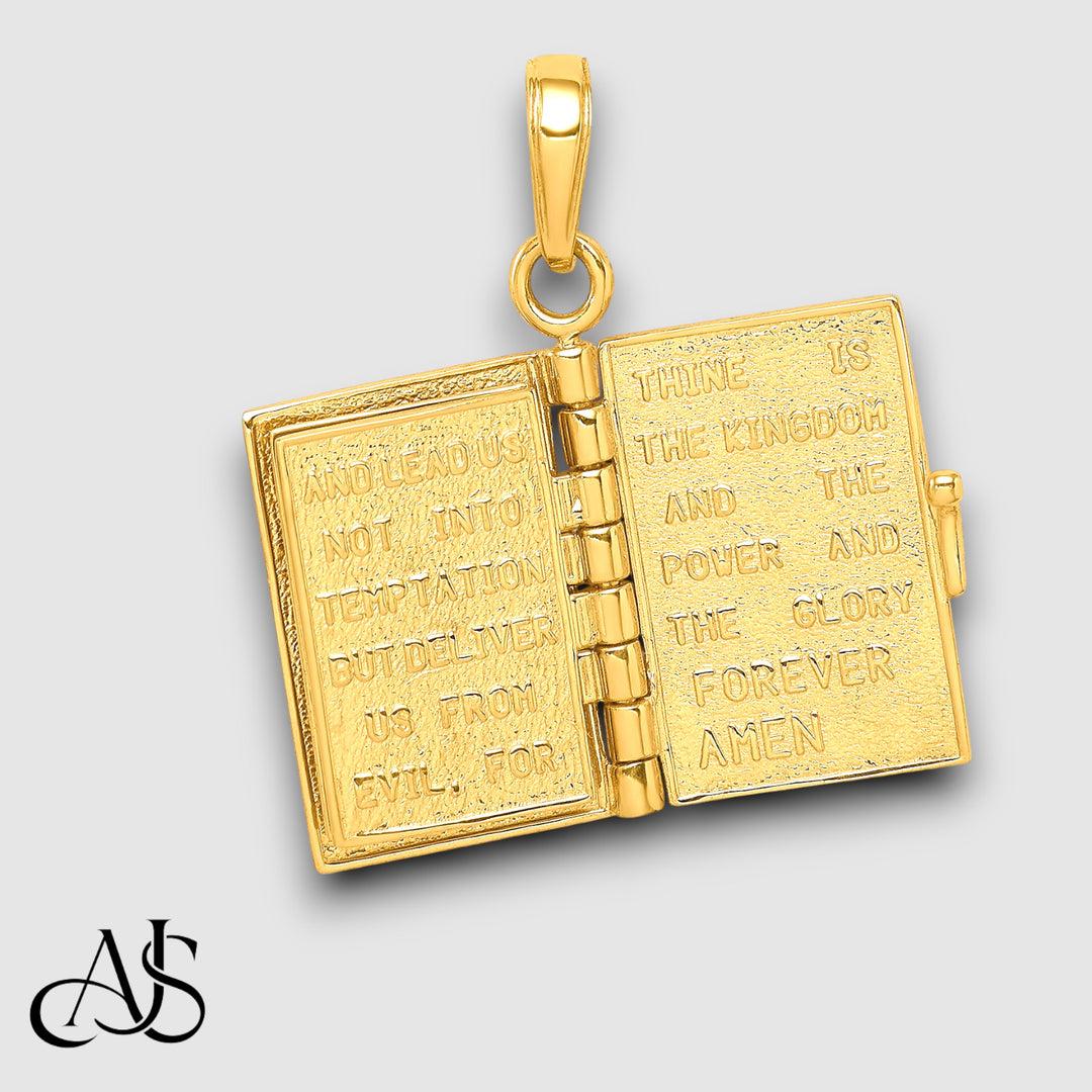 14K Yellow Gold 3D Lord's Prayer Bible Pendant with Chain Necklace options