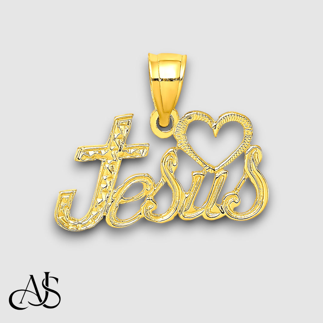 14K Yellow Gold LOVE JESUS Script Charm with Necklace Chain Options