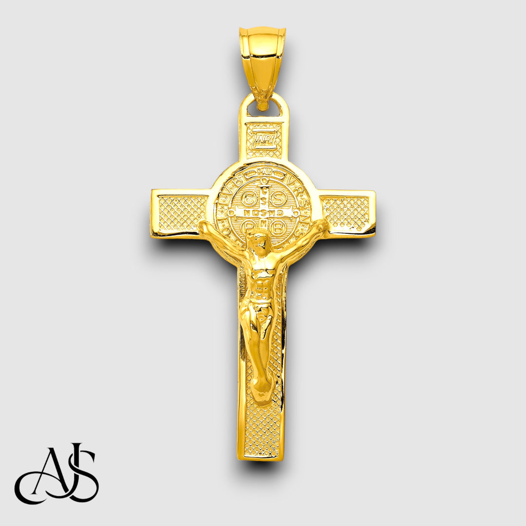 14K Yellow Gold San Benito 2-Sided Crucifix Pendant with Chain Necklace options