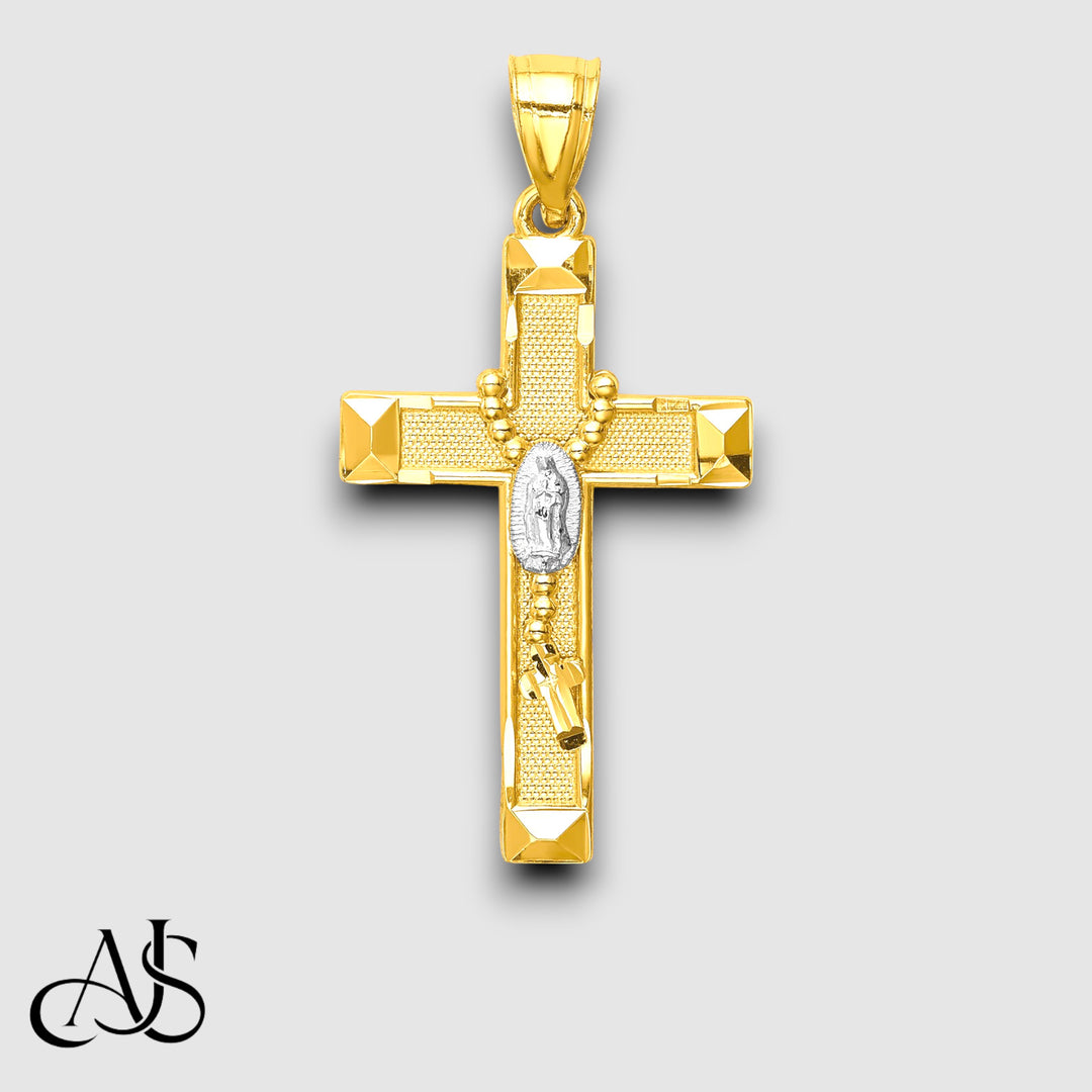 14K Yellow Gold w/Rhodium Cross w/Rosary Pendant with Chain Necklace options