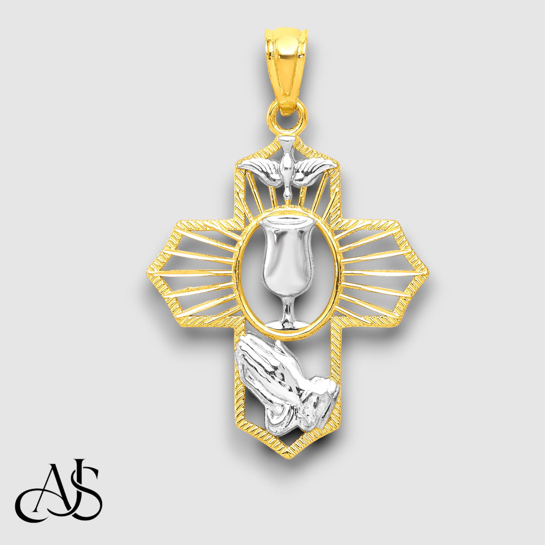 14K Yellow Gold w/Rhodium Cross Pendant with Chain Necklace options
