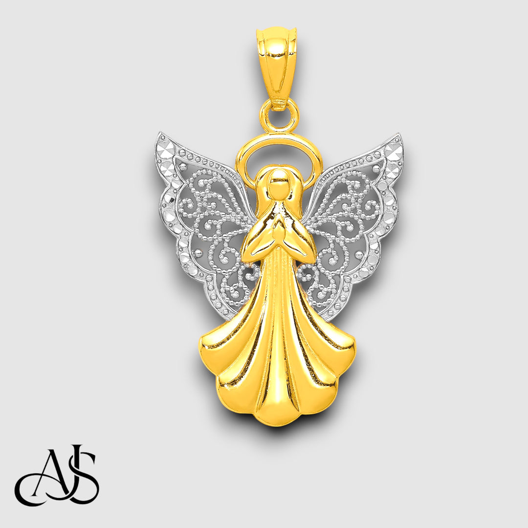 14K Yellow Gold w/Rhodium Filigree Angel Pendant with Chain Necklace options
