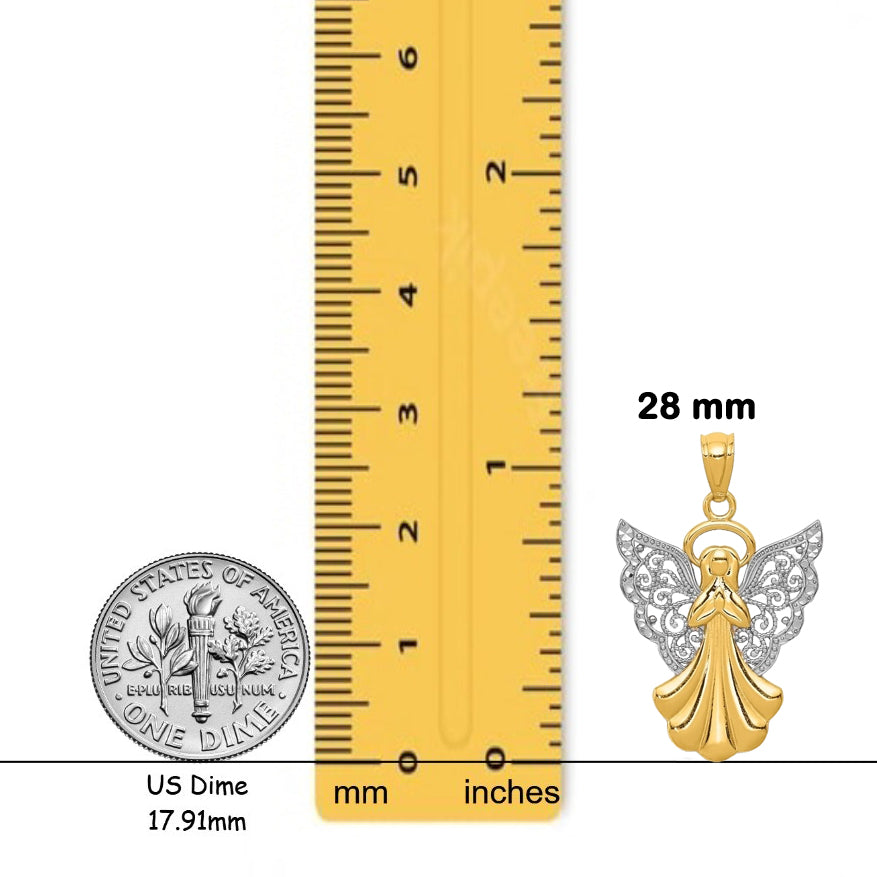 14K Yellow Gold w/Rhodium Filigree Angel Pendant with Chain Necklace options