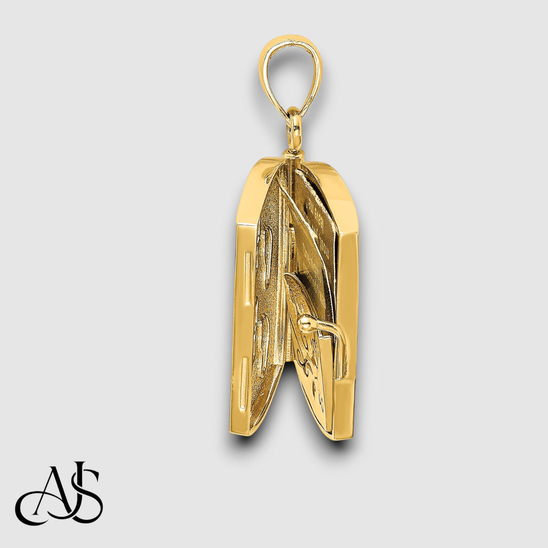 14K Yellow Gold w/Rhodium 3-D Footprints Book W/ Prayer Inside Charm with Chain Necklace options