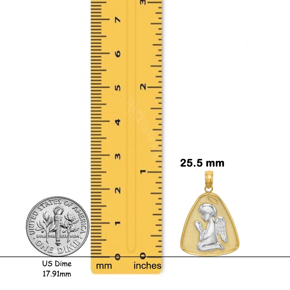 14K Yellow Gold w/Rhodium Angel Praying w/Halo On Triangle Disc with Chain Necklace options