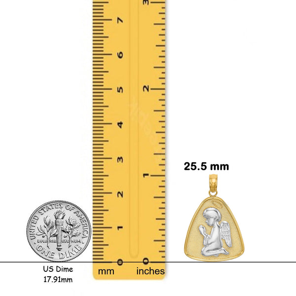 14K Yellow Gold w/Rhodium Angel Praying w/Halo On Triangle Disc with Chain Necklace options