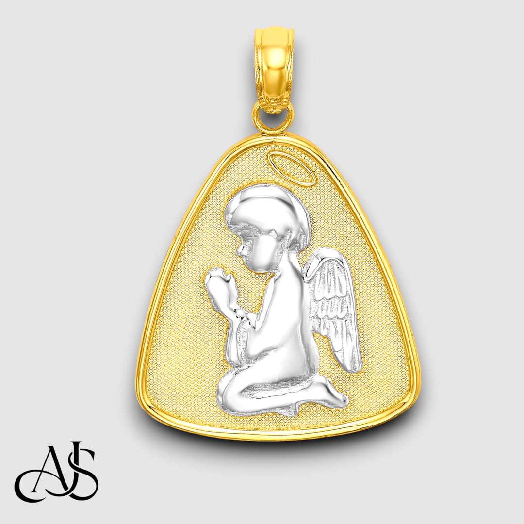 14K Yellow Gold w/Rhodium Angel Praying w/Halo On Triangle Disc with Chain Necklace options