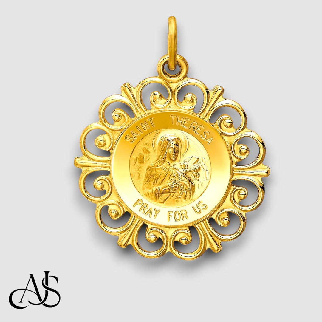 14K Yellow Gold Saint Theresa Medal Charm with Chain Necklace options