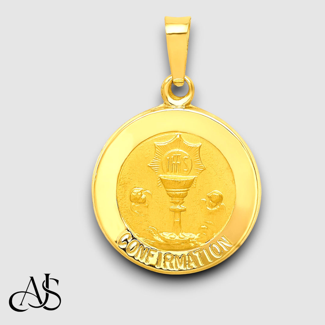 14K Yellow Gold Polished and Satin Confirmation Medal Hollow Pendant with Chain Necklace options