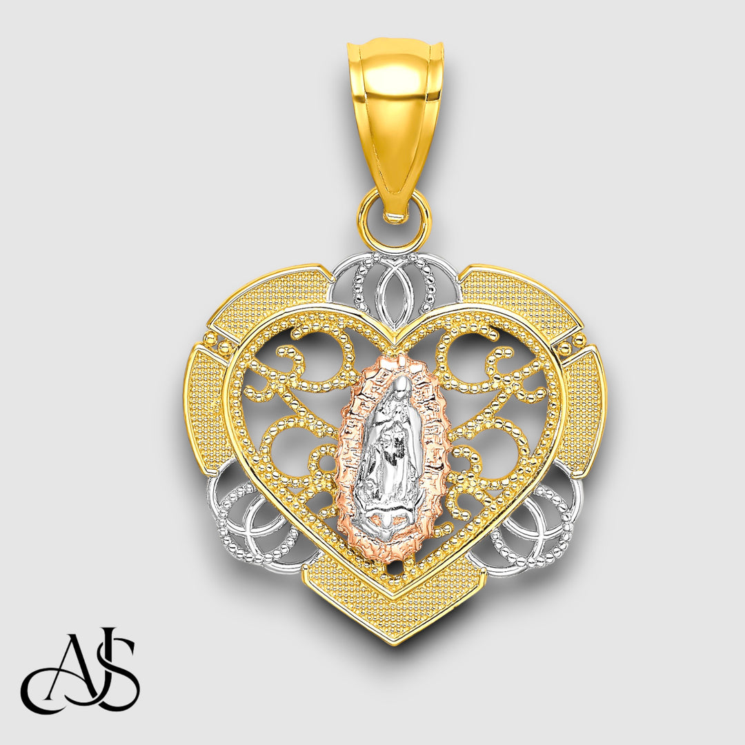 14K Two-tone Gold w/White Rhodium Guadalupe In Heart Charm with Chain Necklace options