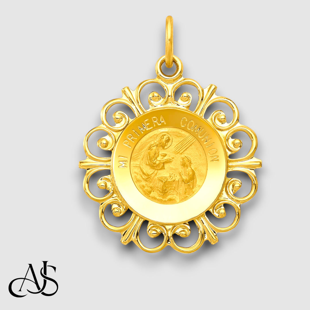 14K Yellow Gold Polished/Satin Spanish 1st Communion Medal Hollow Pendant with Chain Necklace options
