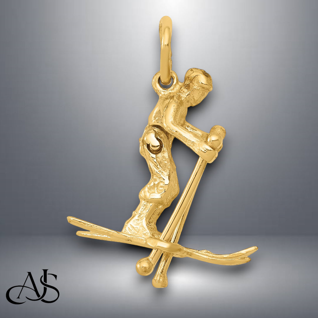 14K Yellow Gold 3D Moveable Snow Skier Charm with Chain Necklace options