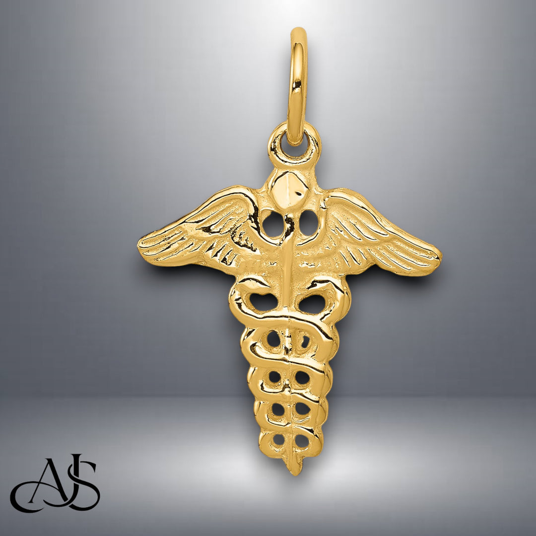 14K Yellow Gold Caduceus Charm with Chain Necklace options