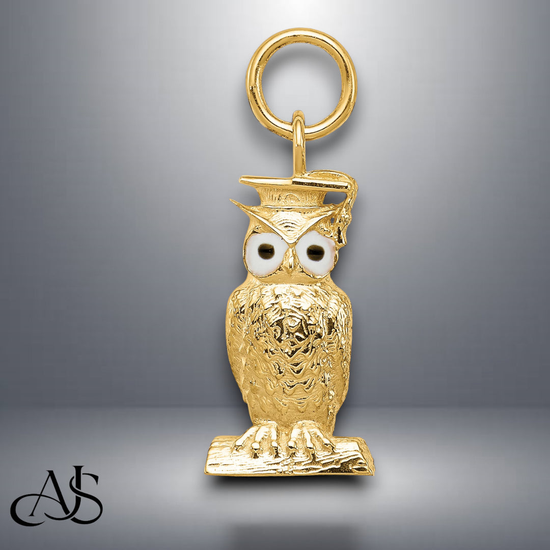 14K Yellow Gold Graduation Owl Charm with Enamel with Chain Necklace options